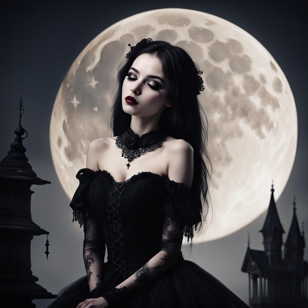 Girl Falls in Love With Moon in Gothic Style