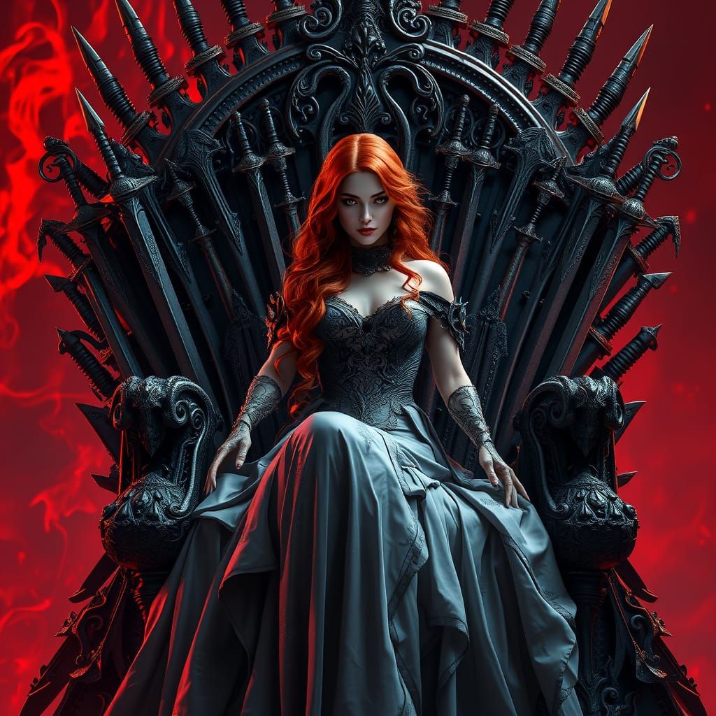 Lady Death on Sword Throne in Dark Fantasy Style
