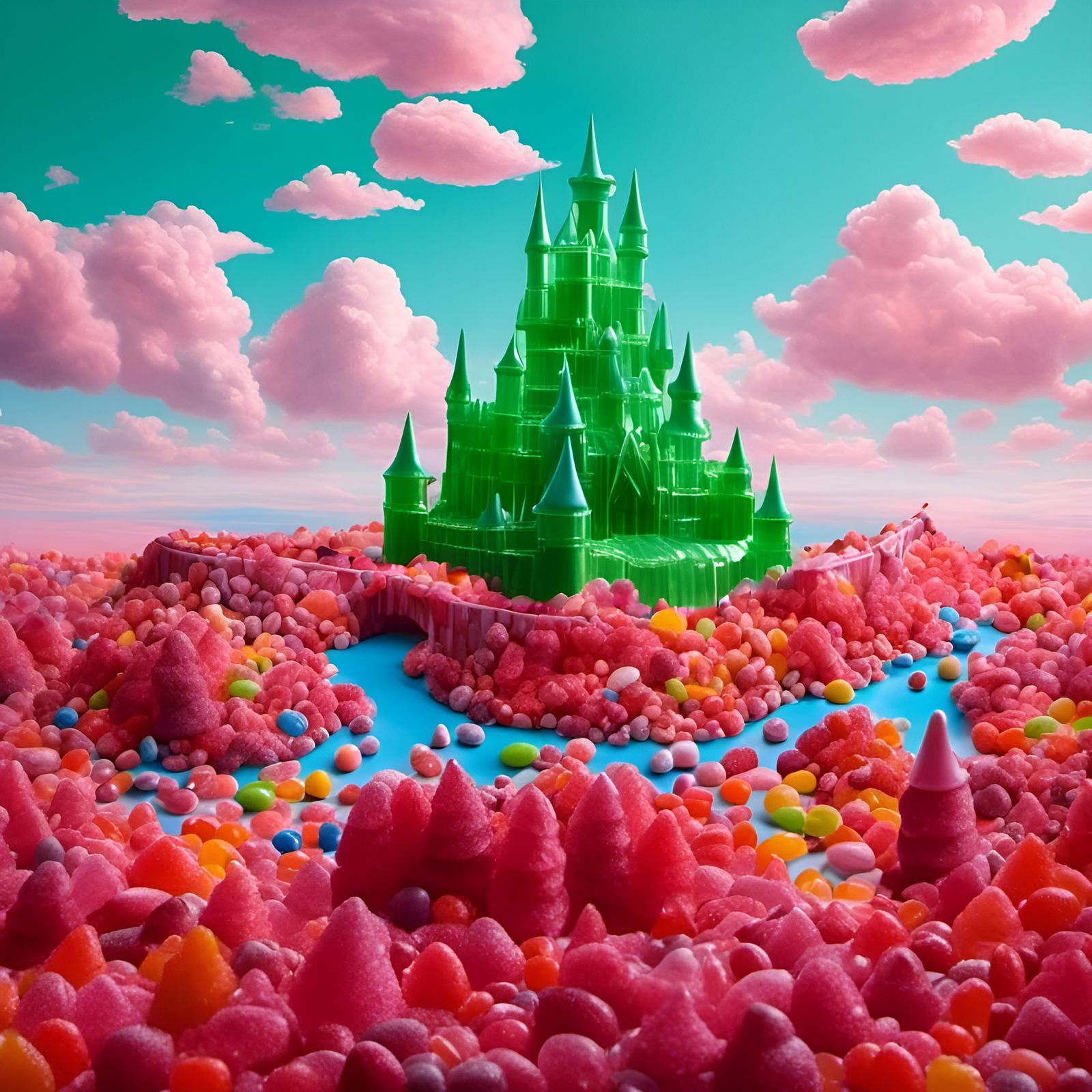 Green Jello Castle with Cotton Candy Clouds