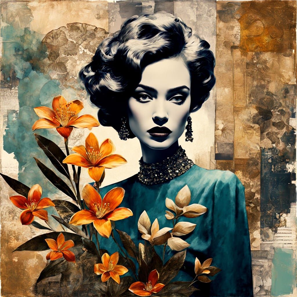 Glamorous Woman in Smoky Jazz Club, Retro Collage Art