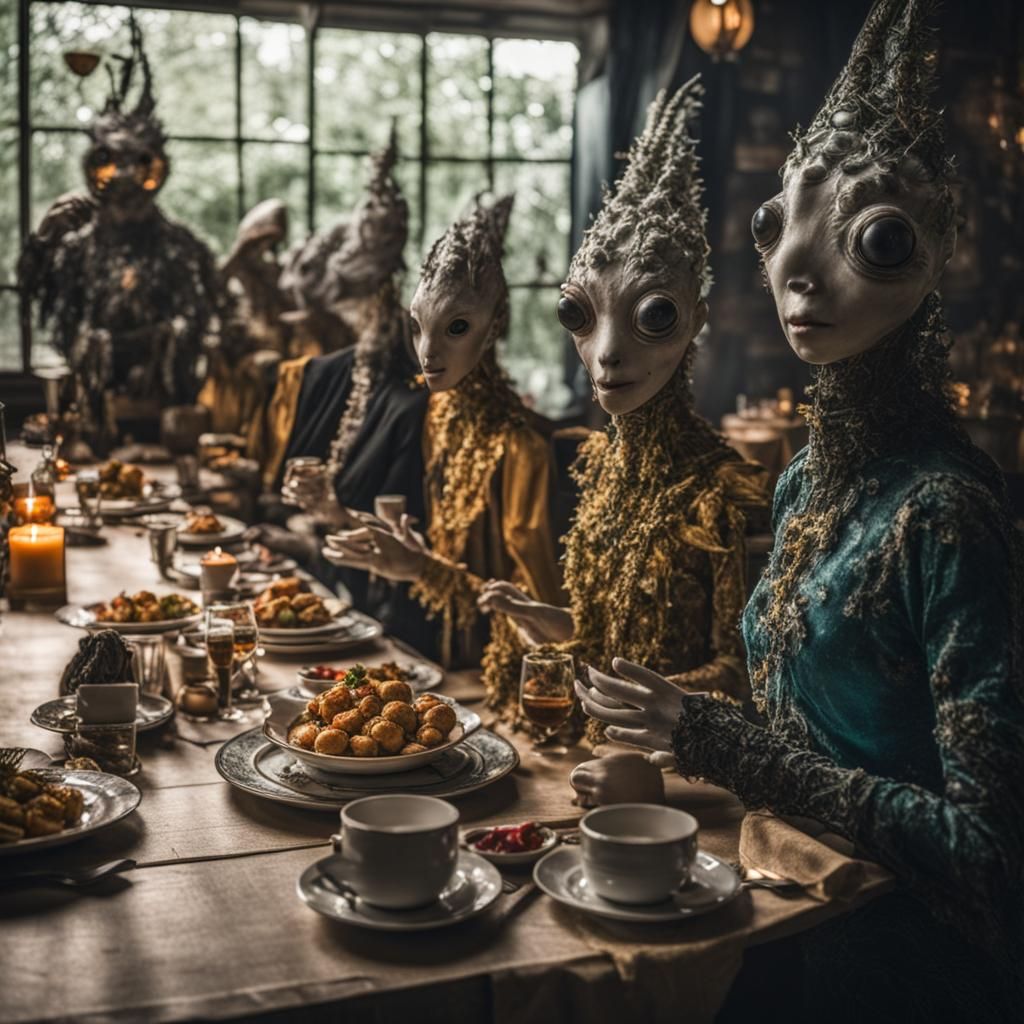 Surreal Restaurant Scene with Beautiful Aliens in 8K