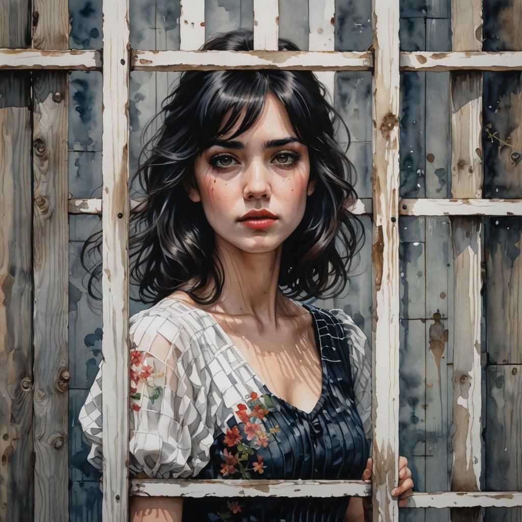 Woman Behind Fence: Hyperdetailed Watercolor Painting