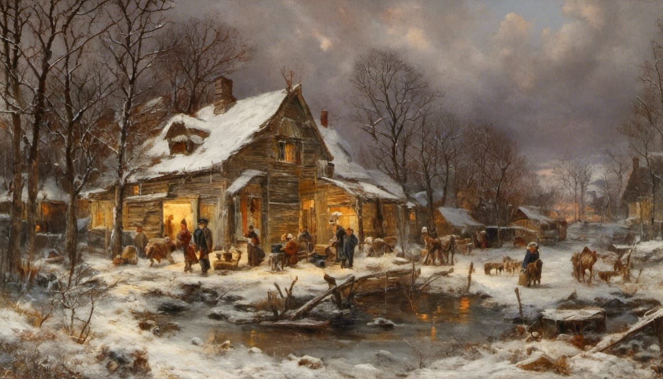 Cabin interior winter with roaring fire and small family at Christmas eve :: Style of Robert Gemmell Hutchison oil paint...