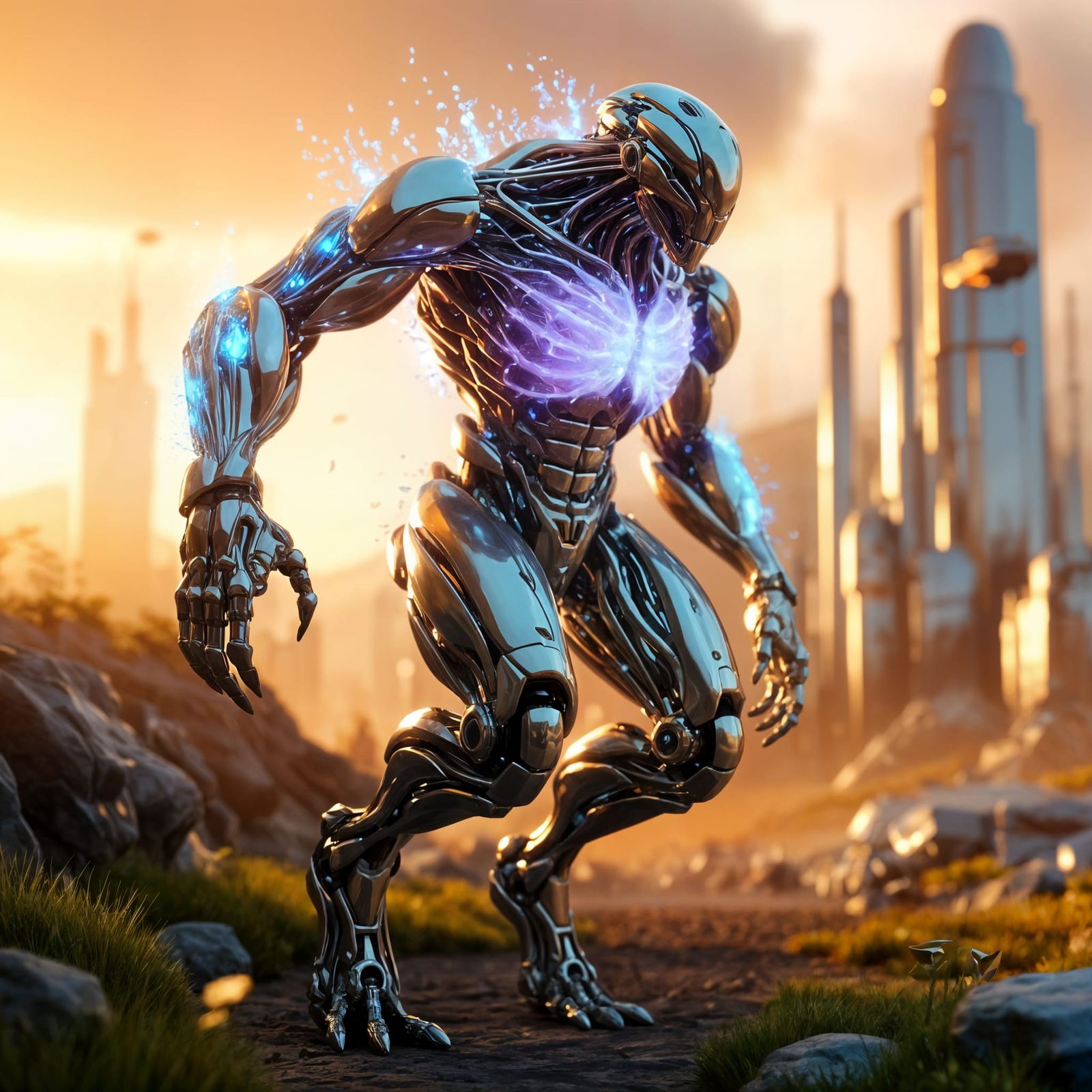 Biomechanical Creature in Futuristic Cityscape