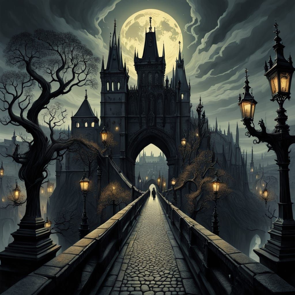 Surrealist Prague Landscape at Dusk in Gothic Style