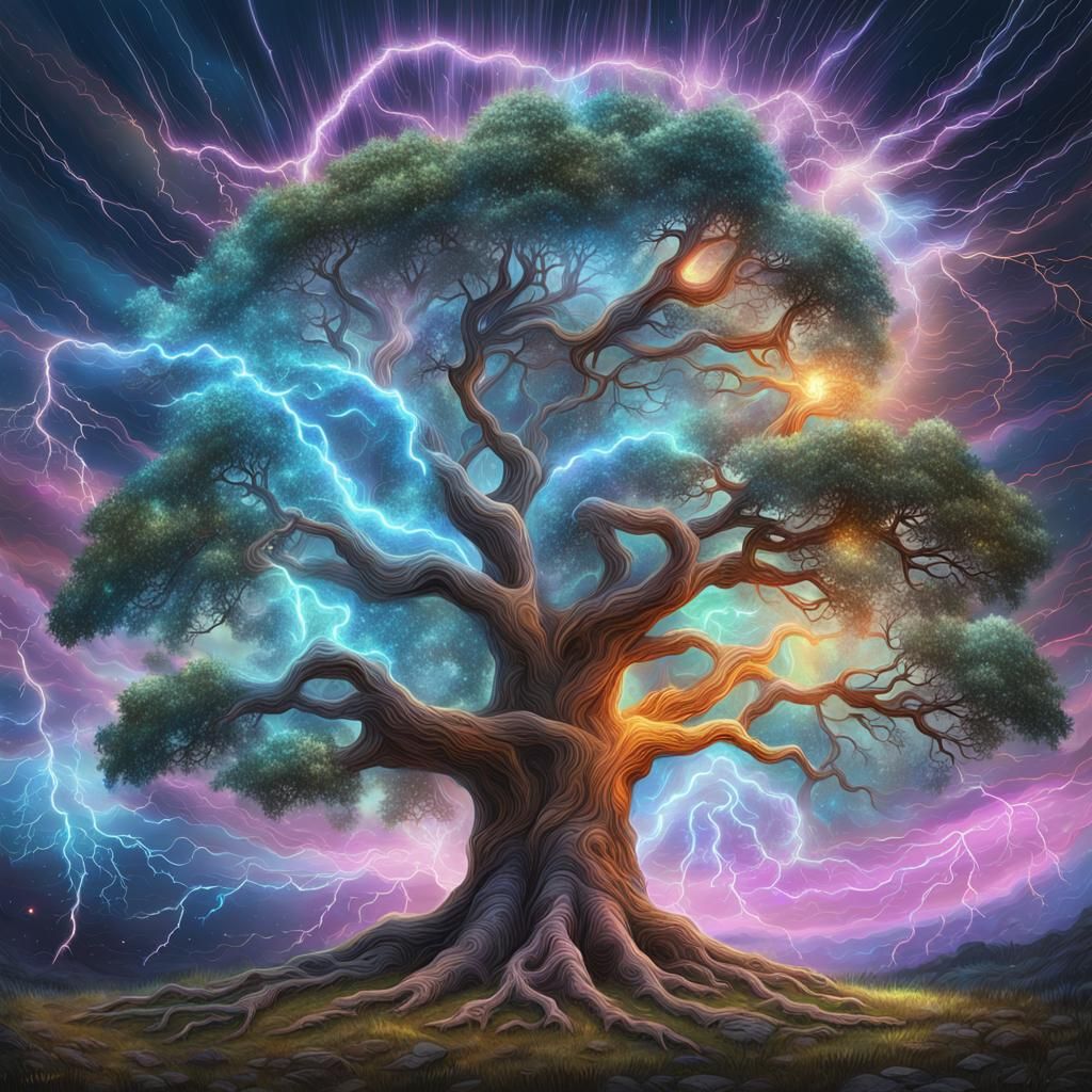 Cosmic Tree Struck by Lightning, Holographic Illustration