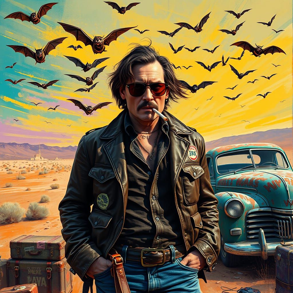 Johnny Depp as Hunter S. Thompson in Vibrant Desert Landscap...
