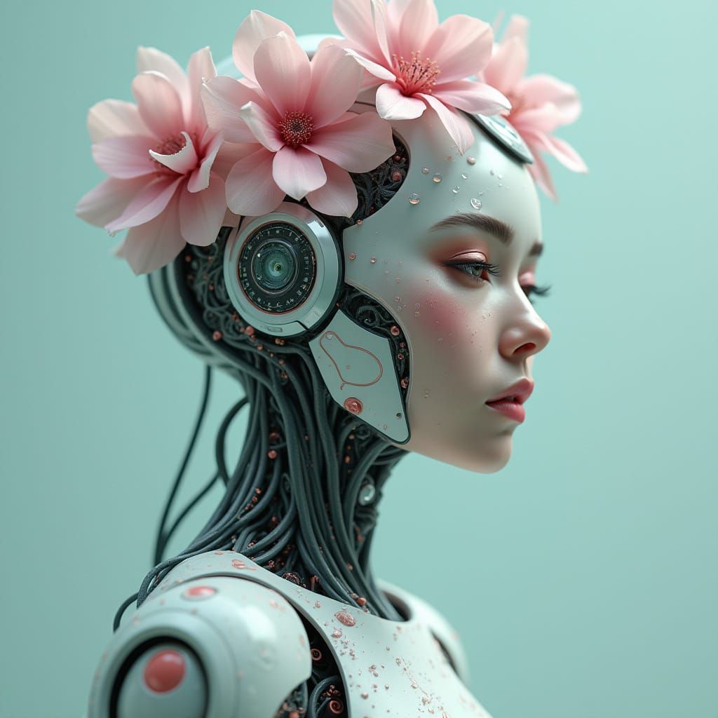 Futuristic Robot Woman with Floral Makeup in Digital Art