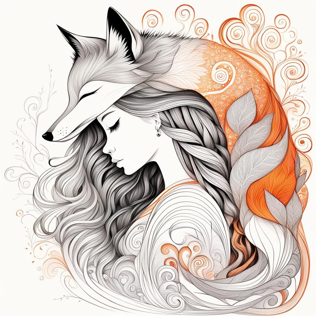 Girl Hugging Fox Kit: Whimsical Pencil Caricature