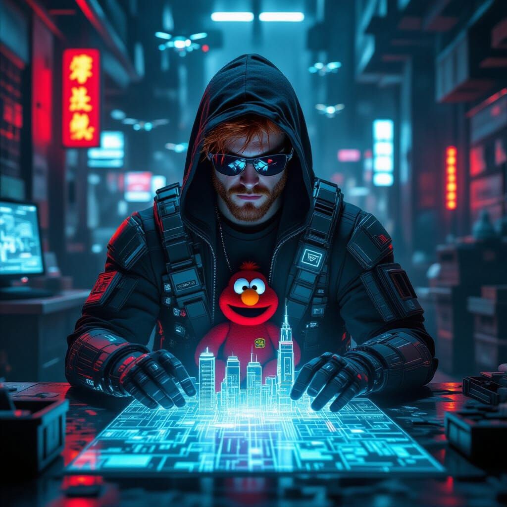 Cyberpunk Gang Leader Planning in Neon-Lit Hideout