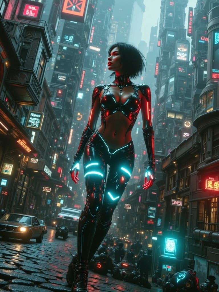 Cyberpunk Cityscape at Night with Neon Reflections