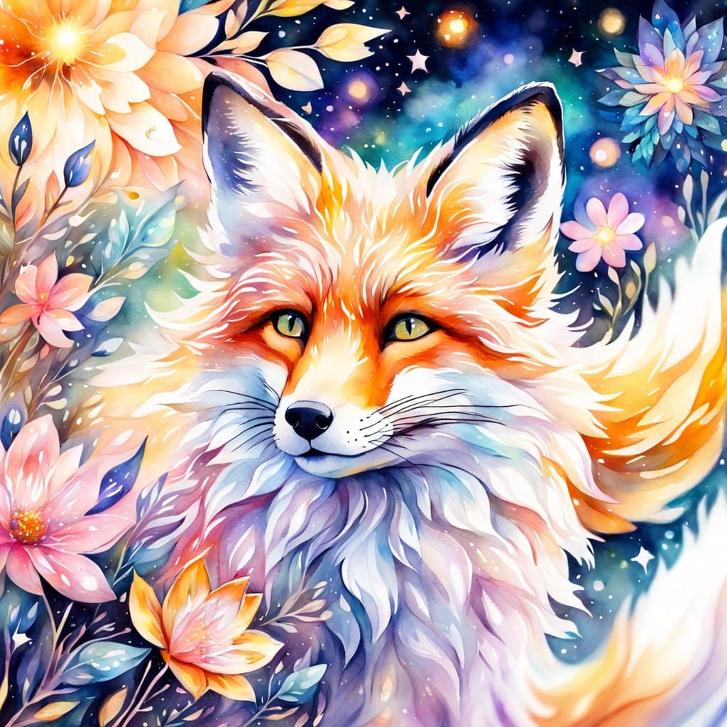 Cosmic Fox Sniffing Fantasy Flower in Watercolor