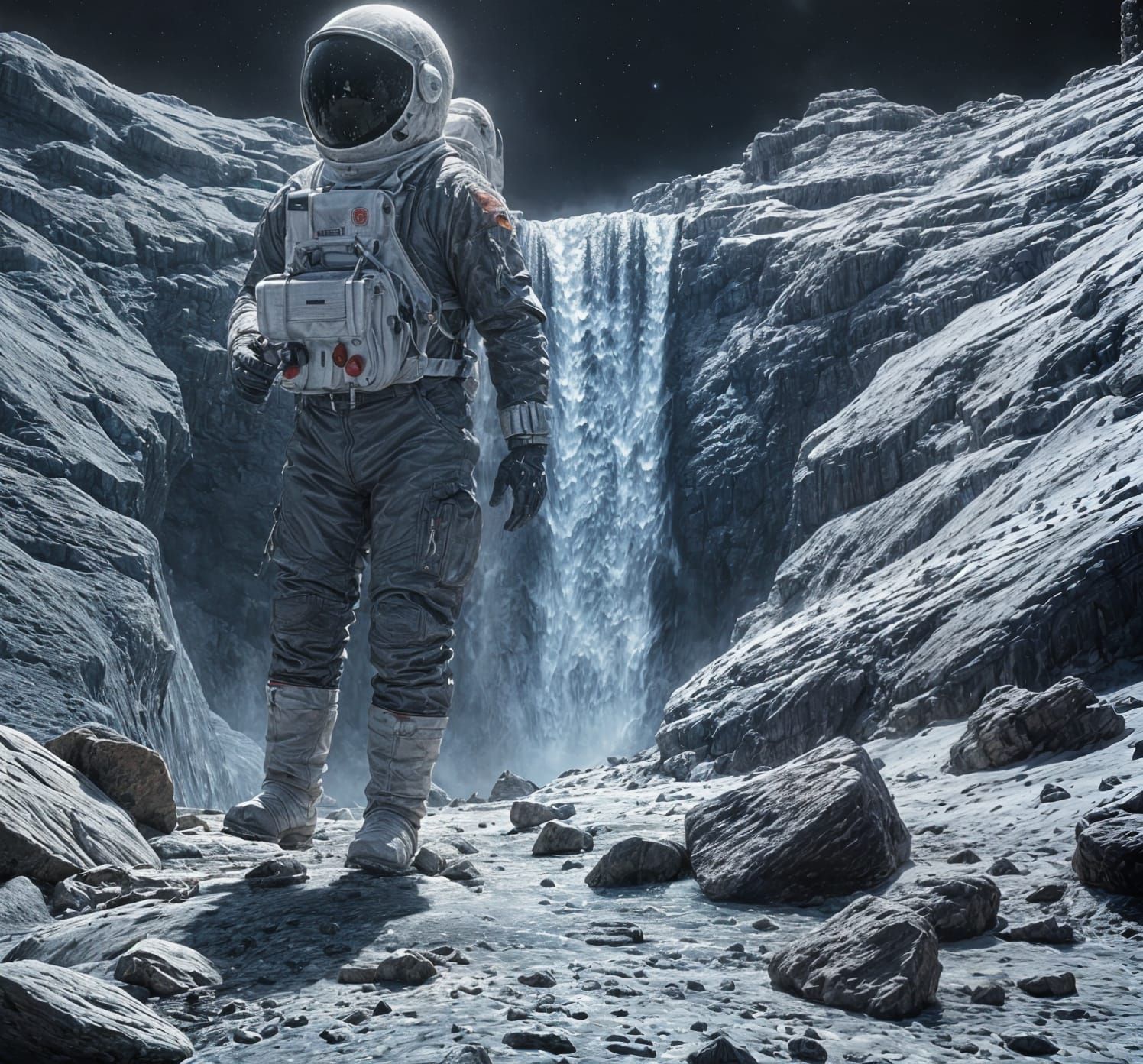 Photorealistic Waterfall Flowing on the Moon