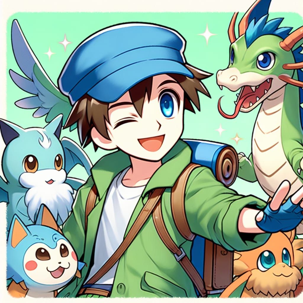 Cheerful Mythical Creature Trainer in Manga Style