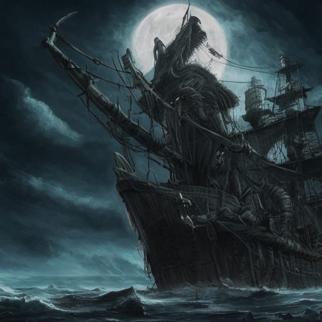 Sinister Pirate Ship Under Moonlight: Digital Horror Art