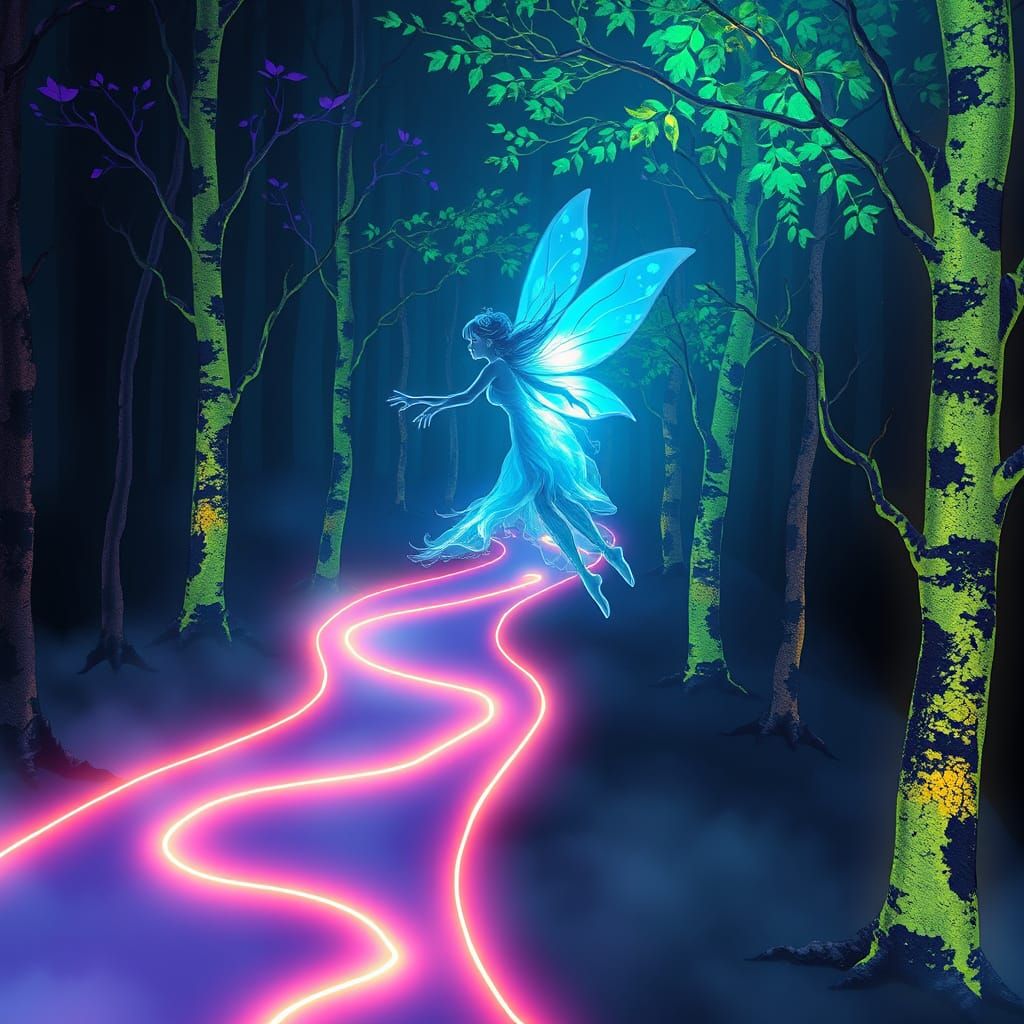 Ethereal Fairy Woman in Electric Blue Glow, Flying Through N...