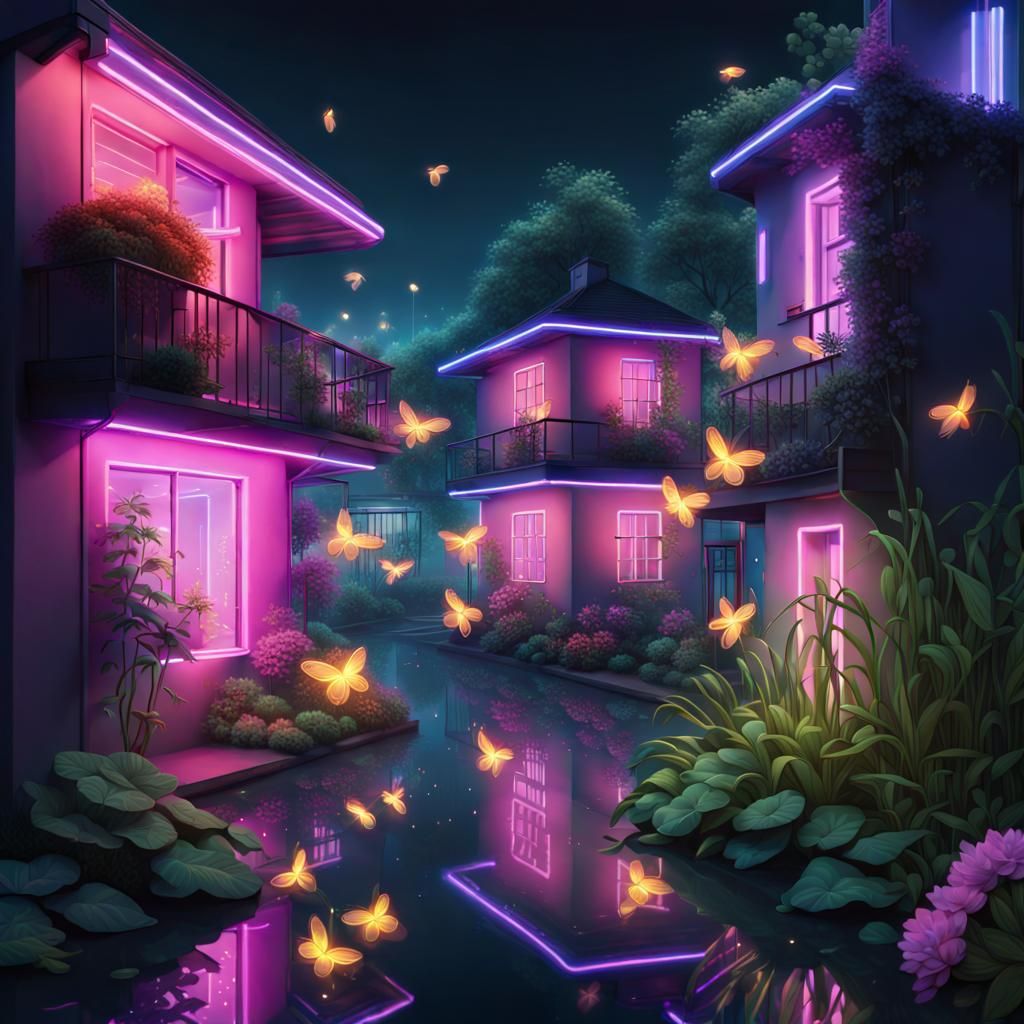 Neon Botanical Cityscape with Fireflies in Cold Colors