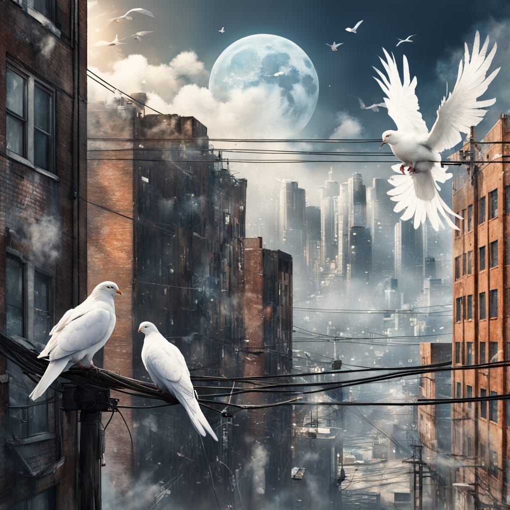 Two Doves on Power Line in Urban Cityscape