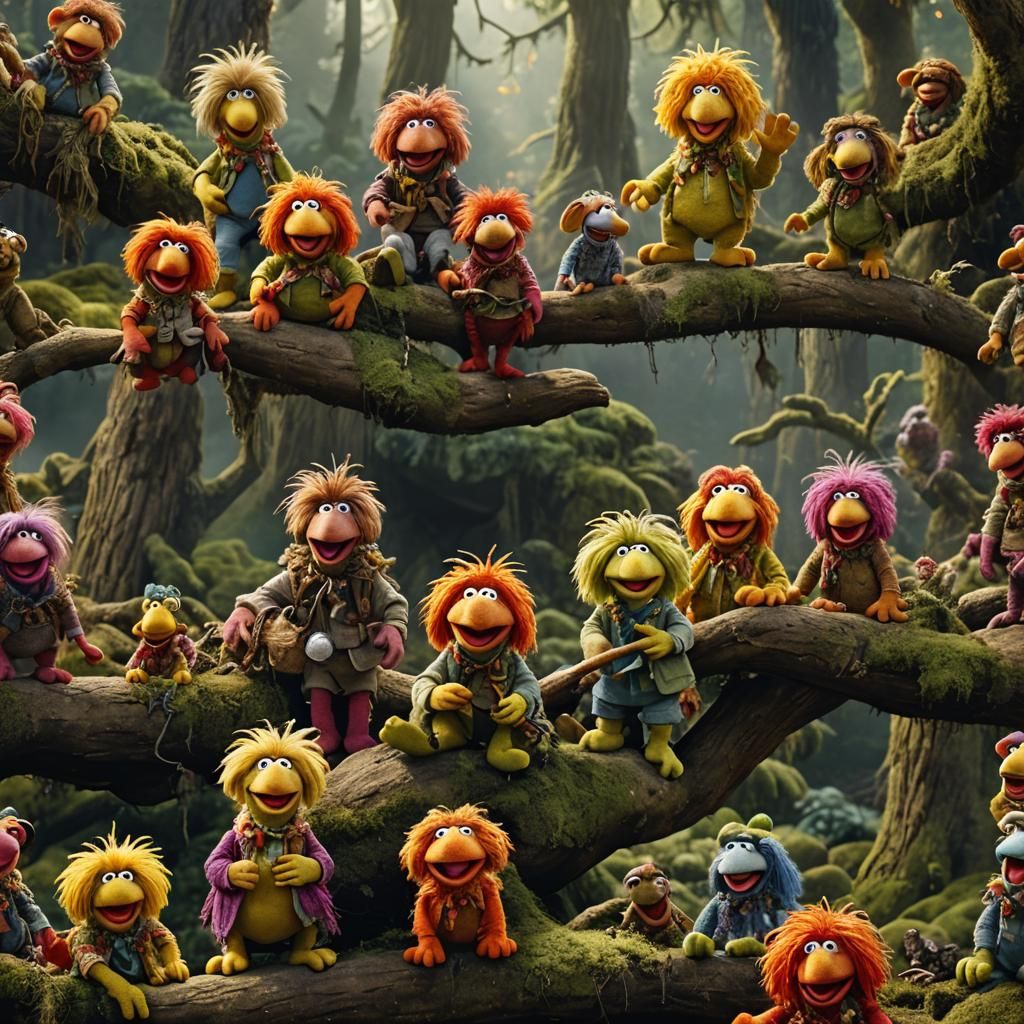 Fraggle Rock characters reimagined in a high-definition live action film, bright woodland set, Fraggle puppets textured ...