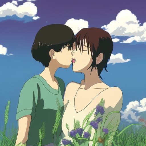 Lesbian Kiss in Studio Ghibli Anime Style