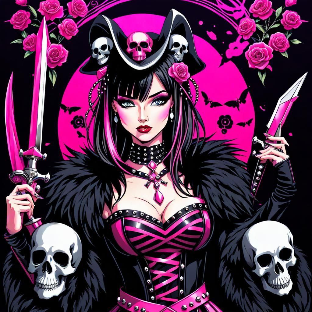 Pink Gothic: Girl, Dagger, and Skulls