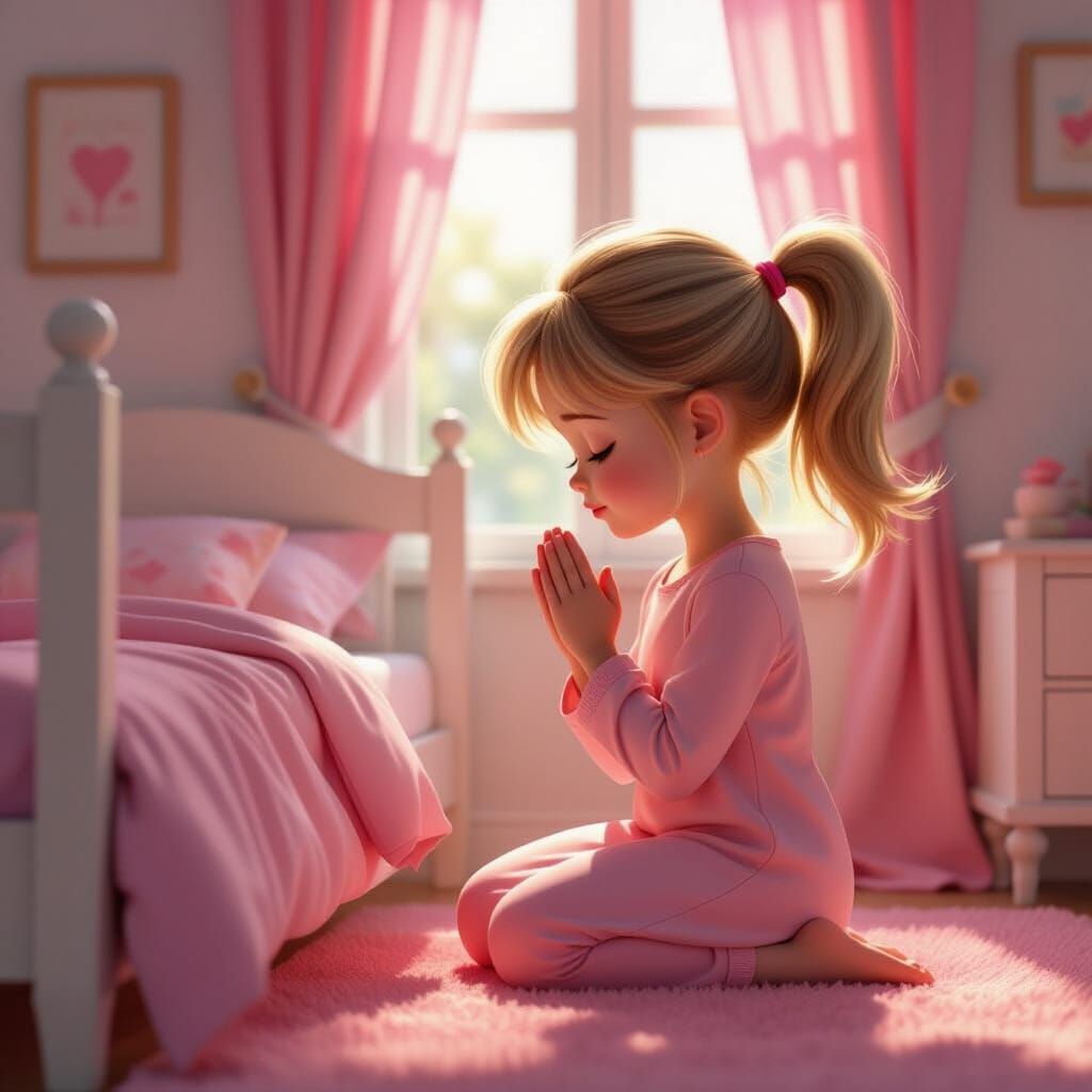 Little Girl Praying in a Pixar-Inspired Bedroom