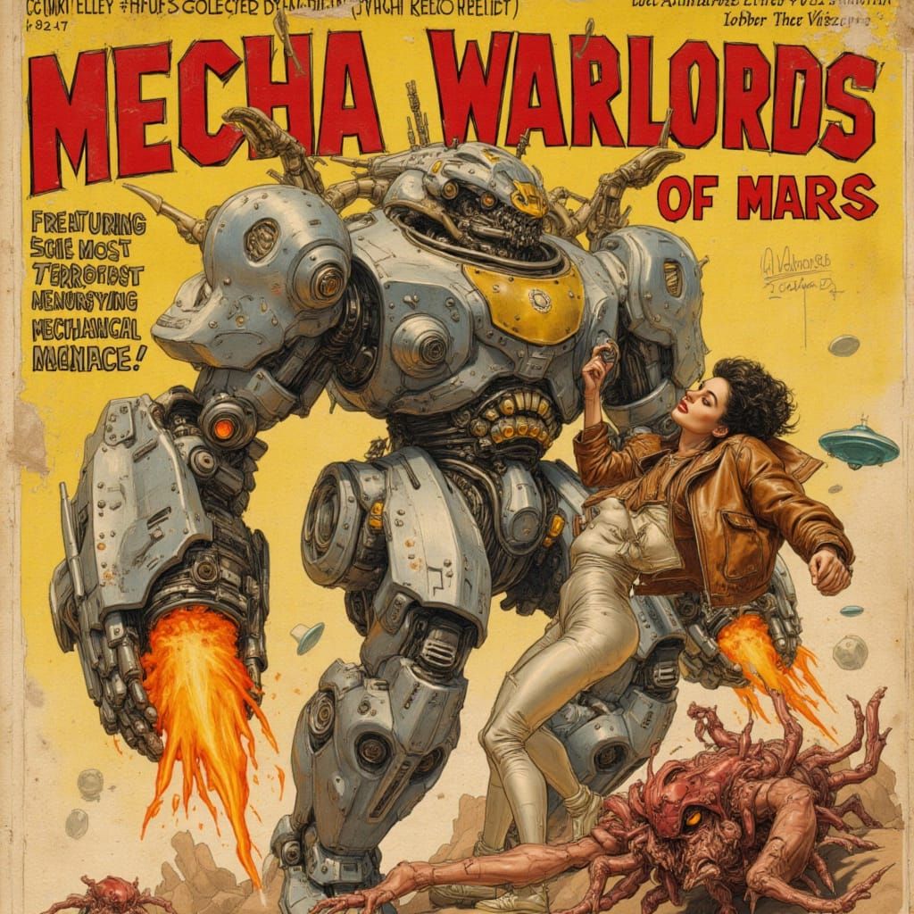 Retro Sci-Fi Robot Battle on Mars Pulp Cover Art