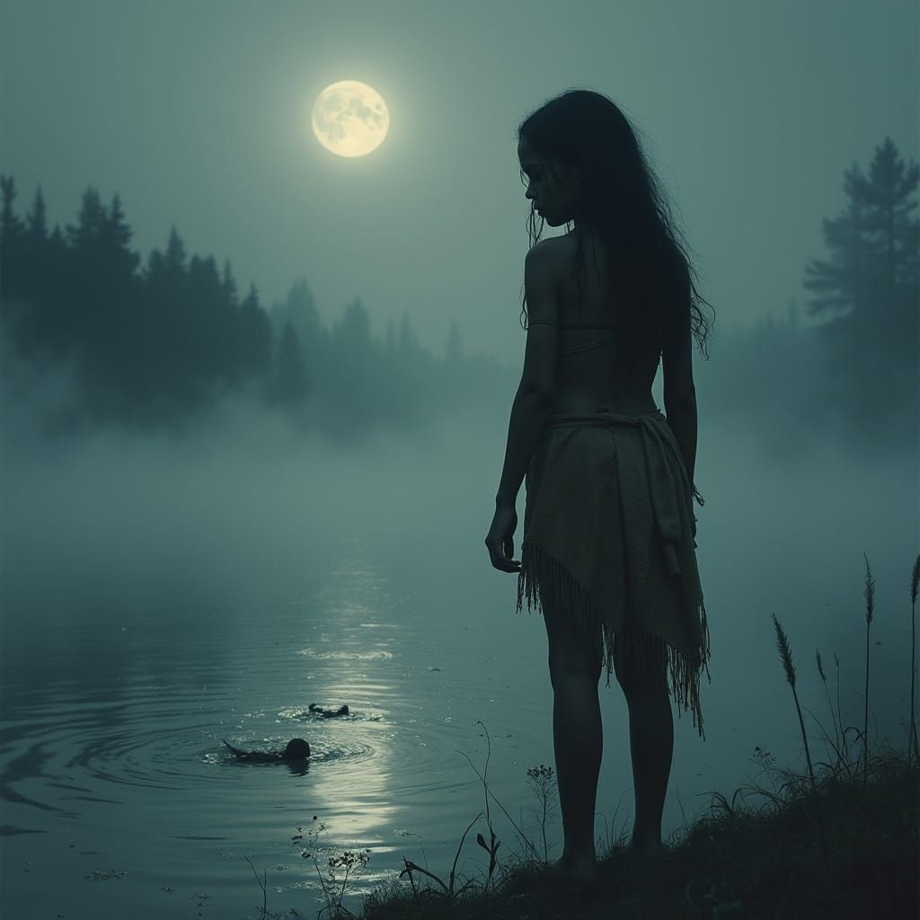 Mysterious Indian Girl in Eerie Moonlit Landscape
