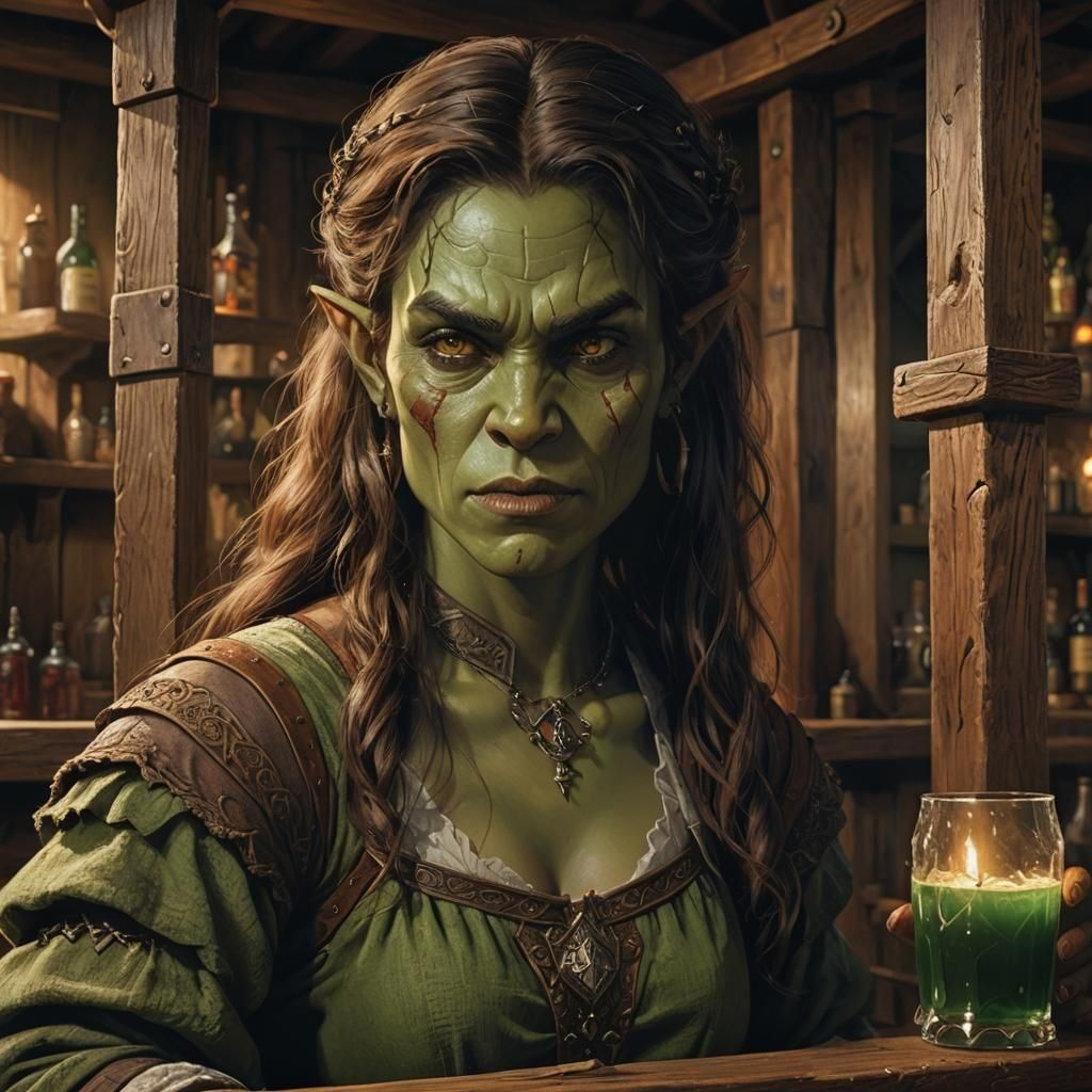 Half-Orc Woman Portrait in Medieval Inn, Fantasy Art