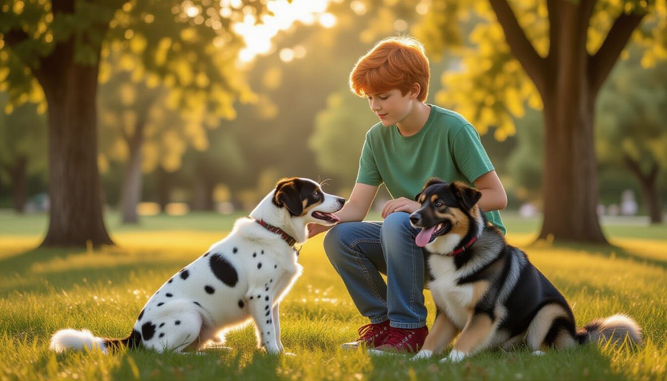 Boy with Dogs in Nostalgic 1970s Park