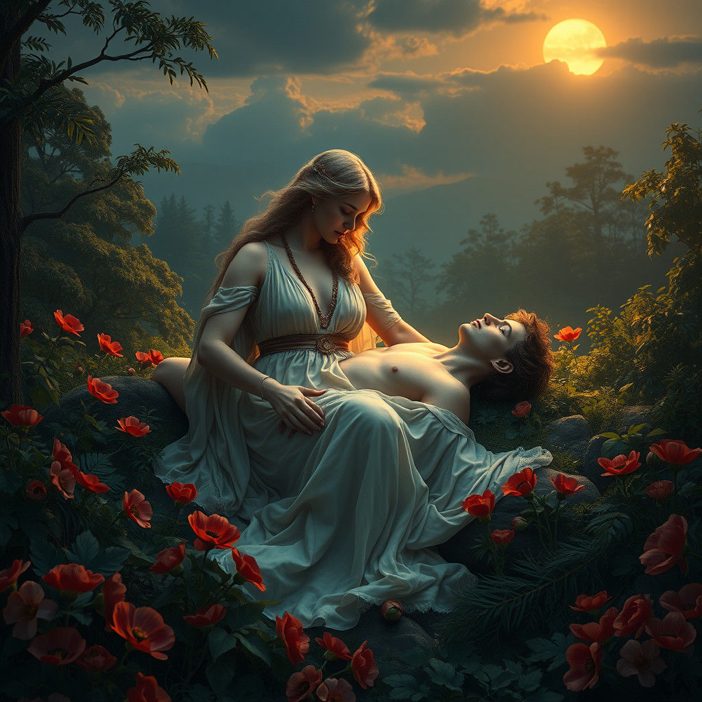 Aphrodite Mourns Adonis in Lush Forest Setting