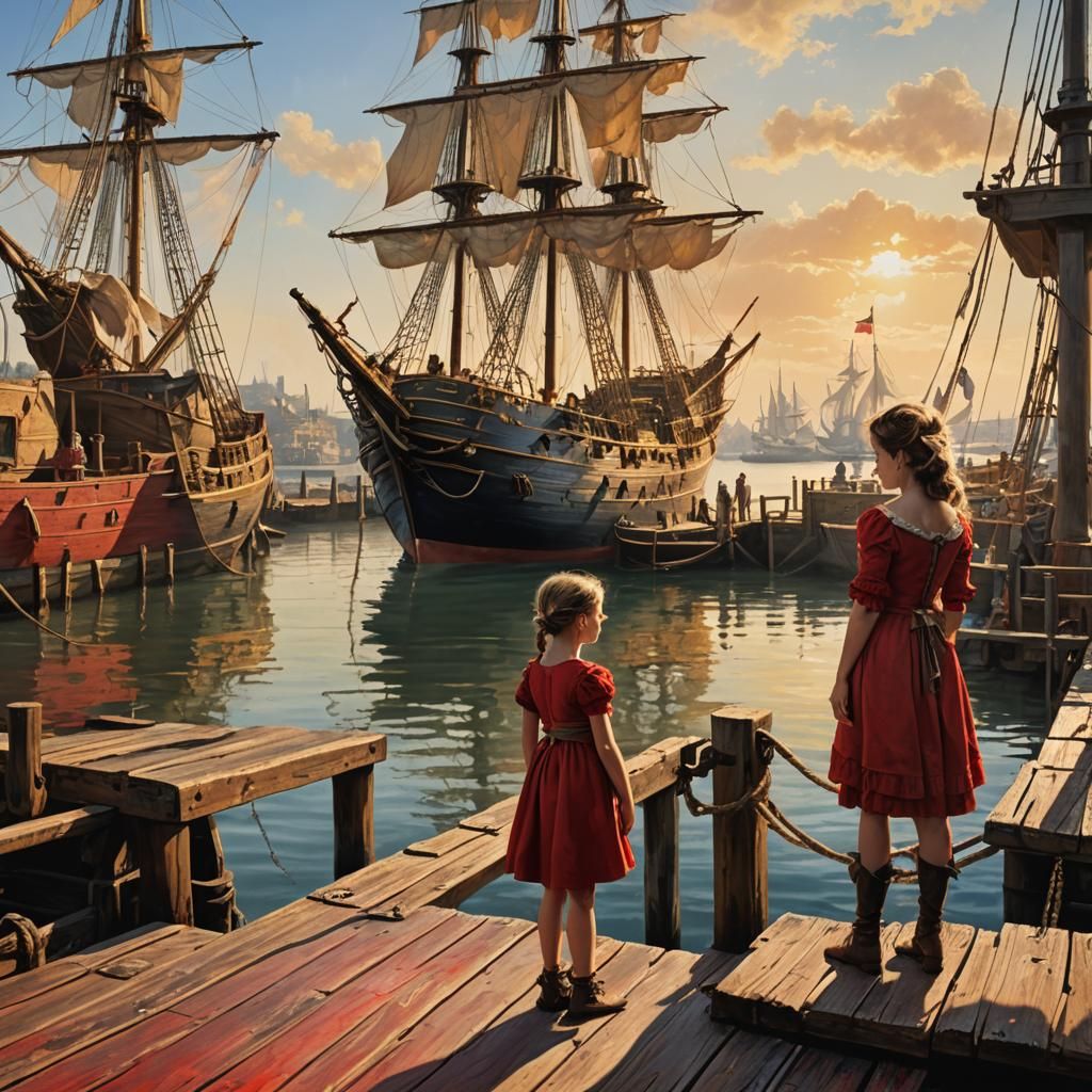 Girl and Pirate Ship in 18th Century Harbor