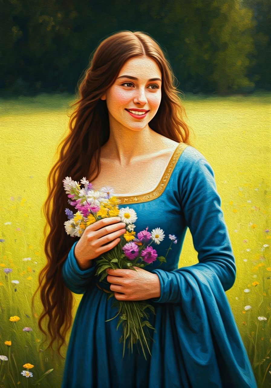 Medieval Maiden in Royal Blue Gown with Wildflowers