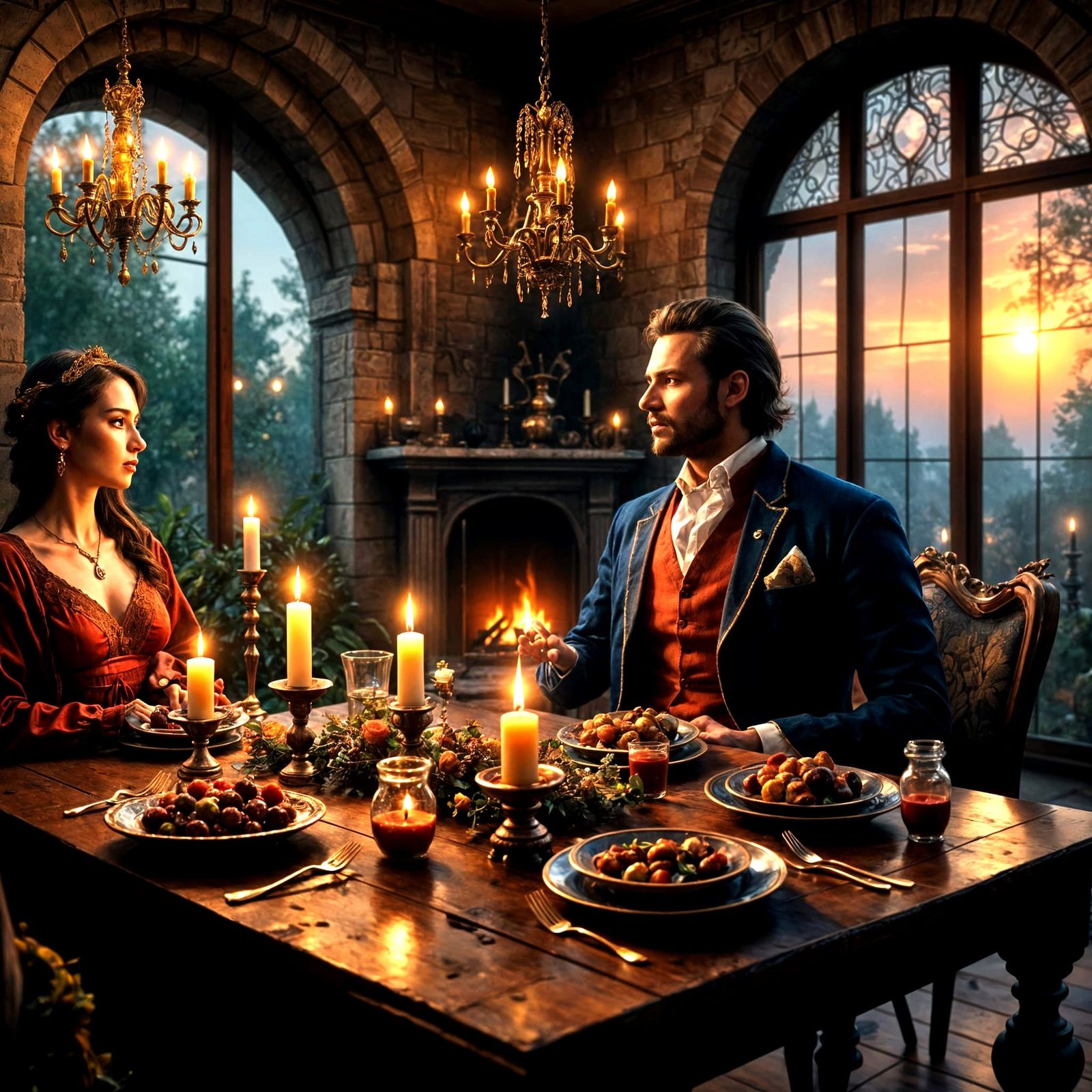 Bohemian Couple in Enchanted Candlelit Dining Room