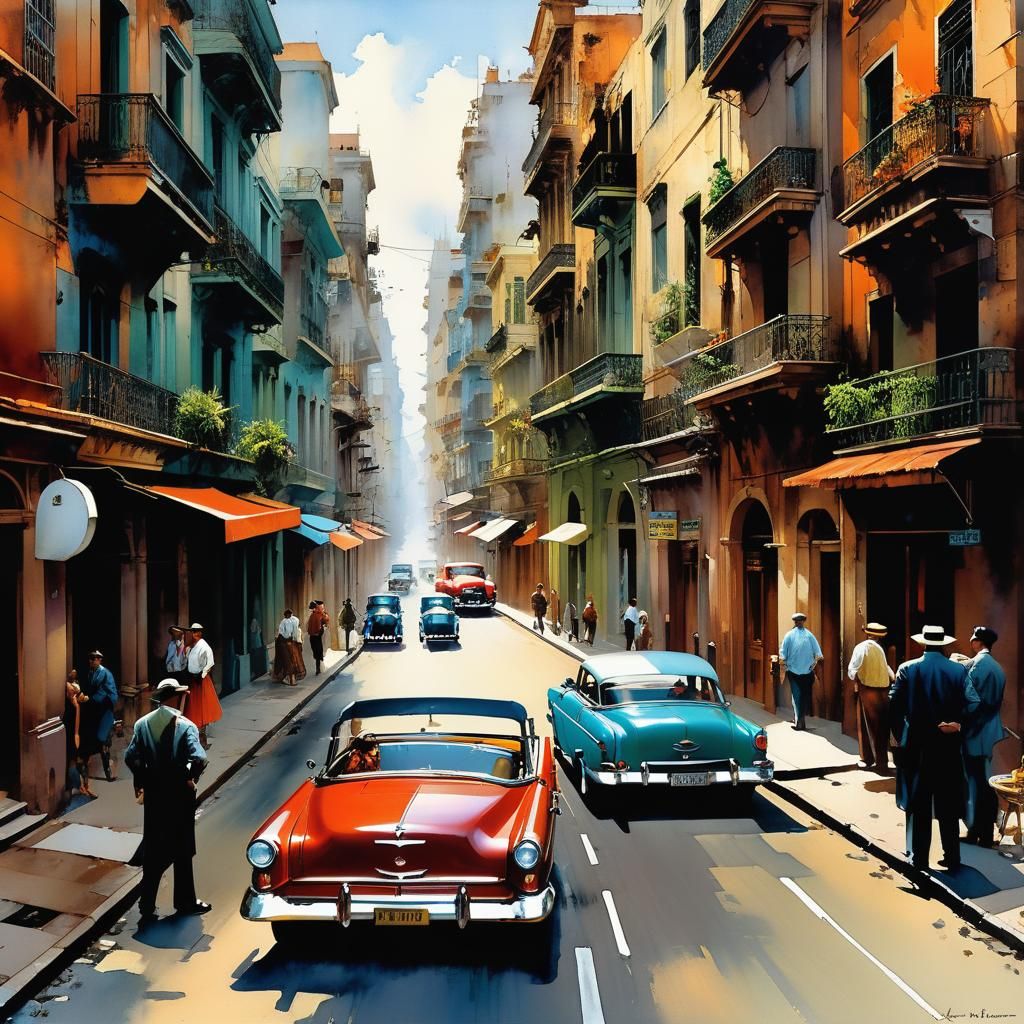Havana Street Scene in Watercolor Acrylic Style