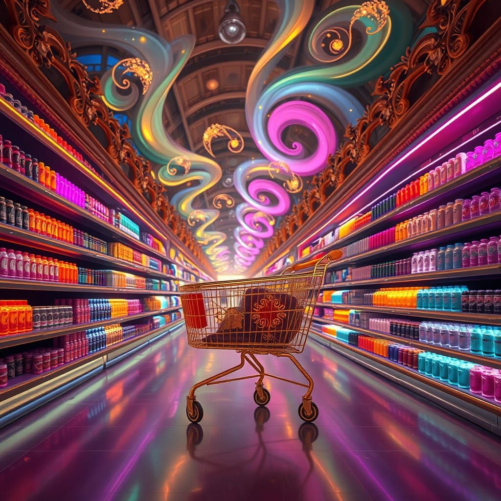 Golden Shopping Cart Speeds Down Infinite Aisle