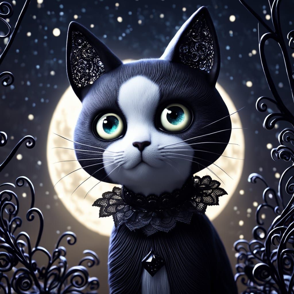 Cute Gothic Cat with Big Eyes in Burton Style