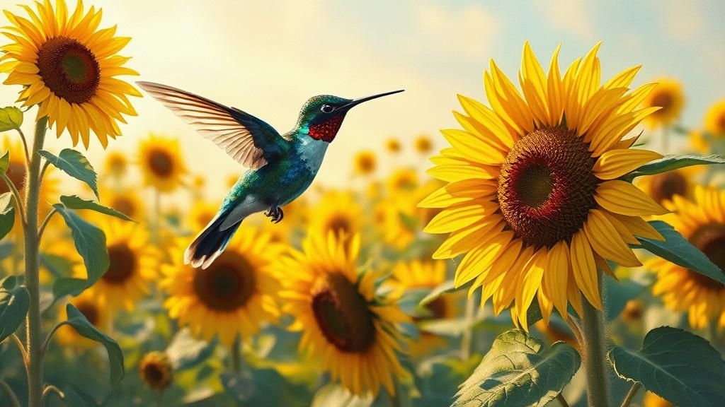 Hummingbird in Sunflower Field: Impressionist Oil Painting