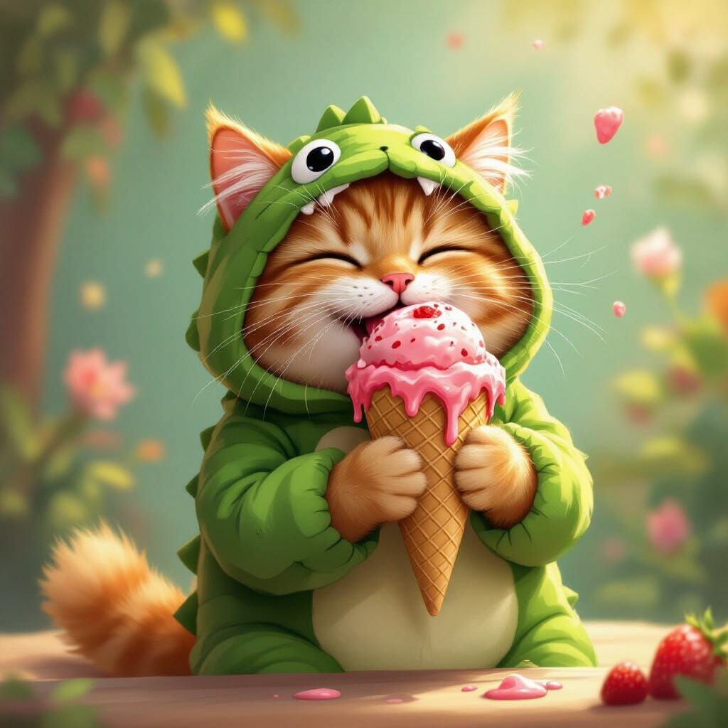 Ginger Cat in Crocodile Costume Eats Ice Cream