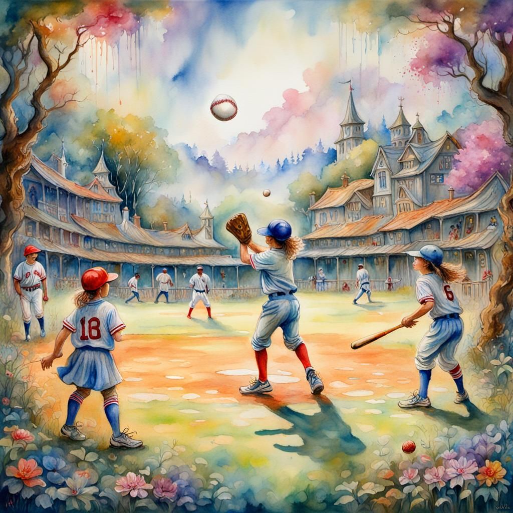 Fairytale Baseball in Splashy Watercolour Style