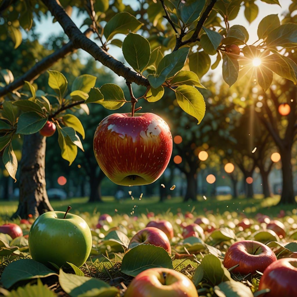 Hyper-Realistic Apple Falling From Tree in Digital Art