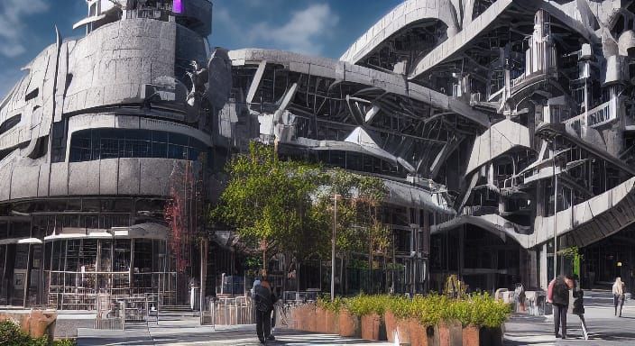 Futuristic Mall Interior with Waterfall in Photorealistic St...