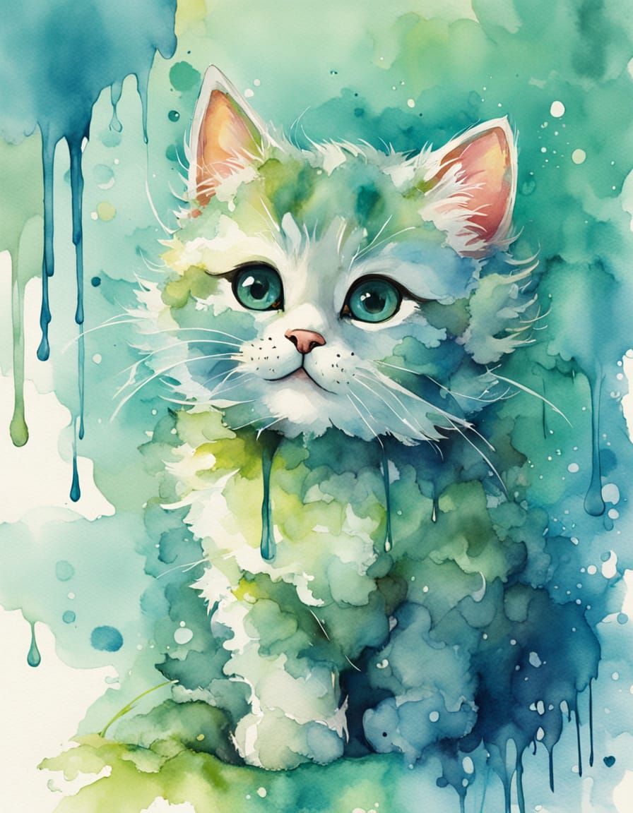 Chibi Kitty Delights with Vibrant Watercolor Brushstrokes