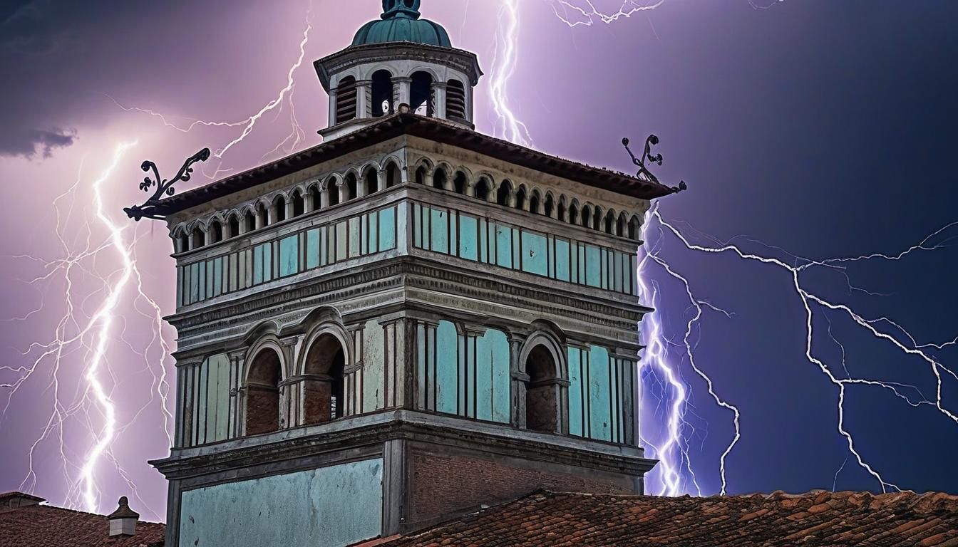 Lightning Strikes Bell Tower in Detailed Mannerist Style