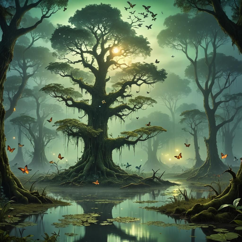 Swamp Tree with Butterflies in Roger Dean Style