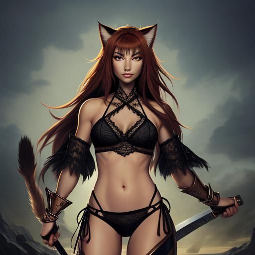 Anthropomorphic Cat Warrior in Lace Bikini