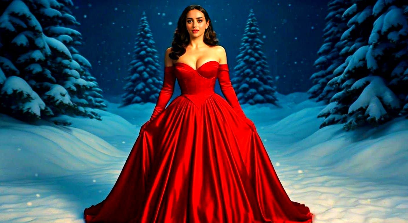Elegant Ana de Armas in Red Mrs. Claus Gown