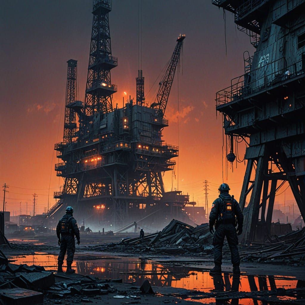 Cyberpunk Oil Drilling Tower in Dystopian Desert