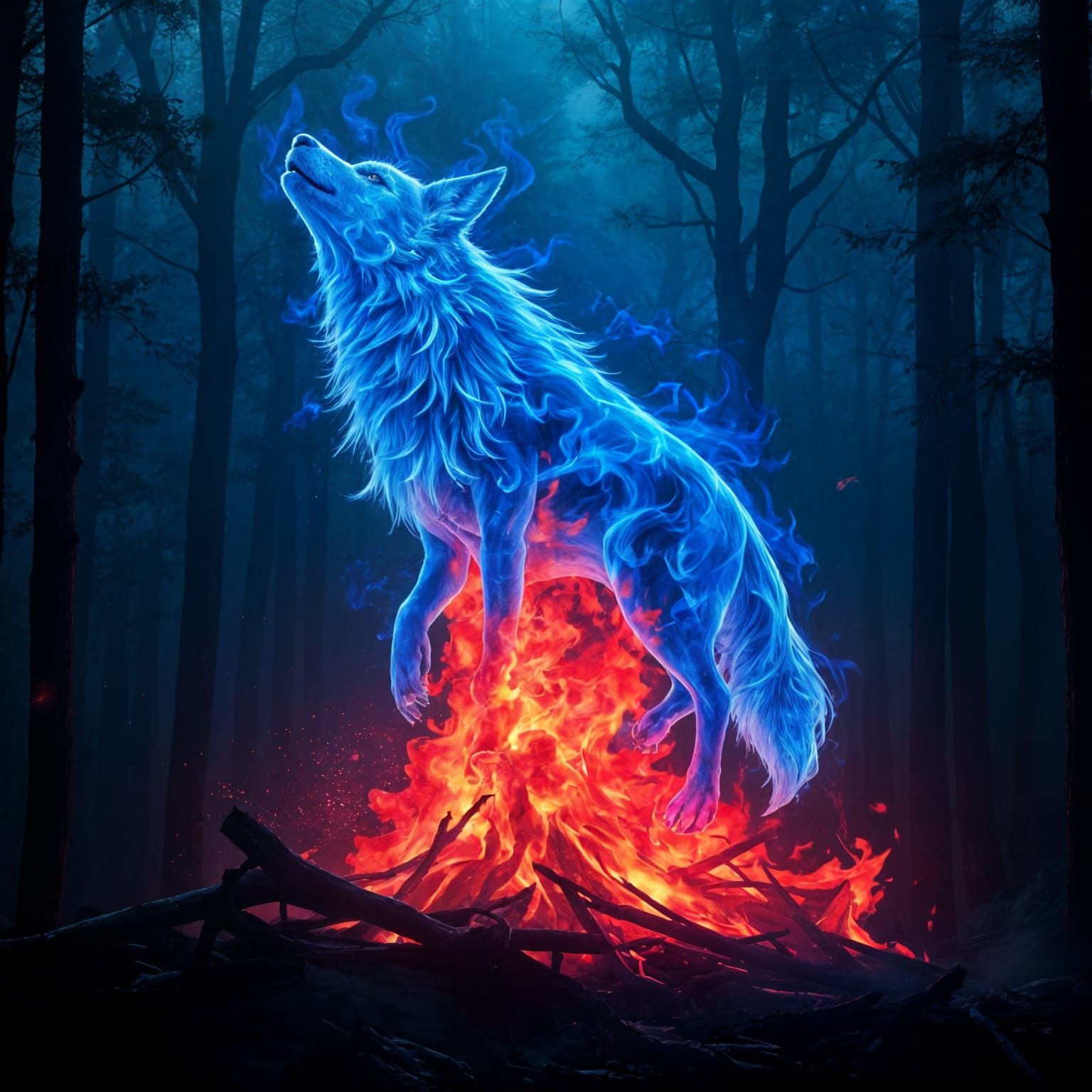 Blue Flame Spirit Wolf Ascending in Ethereal Forest