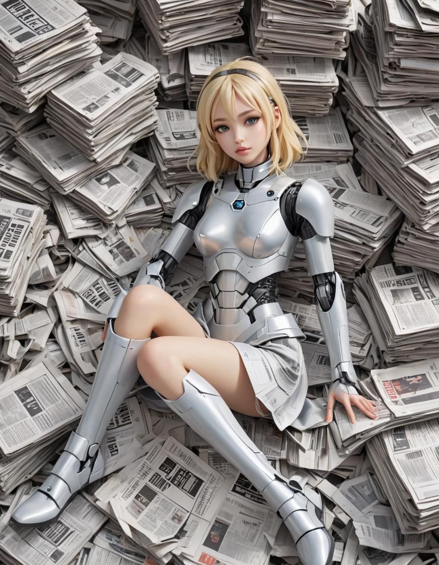Anime Robot Girl Lounging on Newspapers